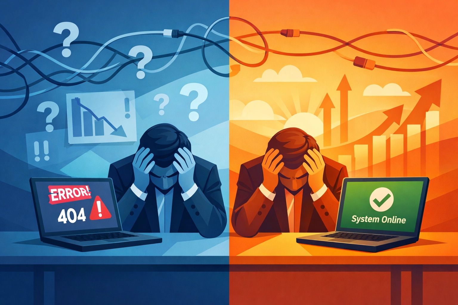 Frustrated business owner dealing with IT support problems and network issues