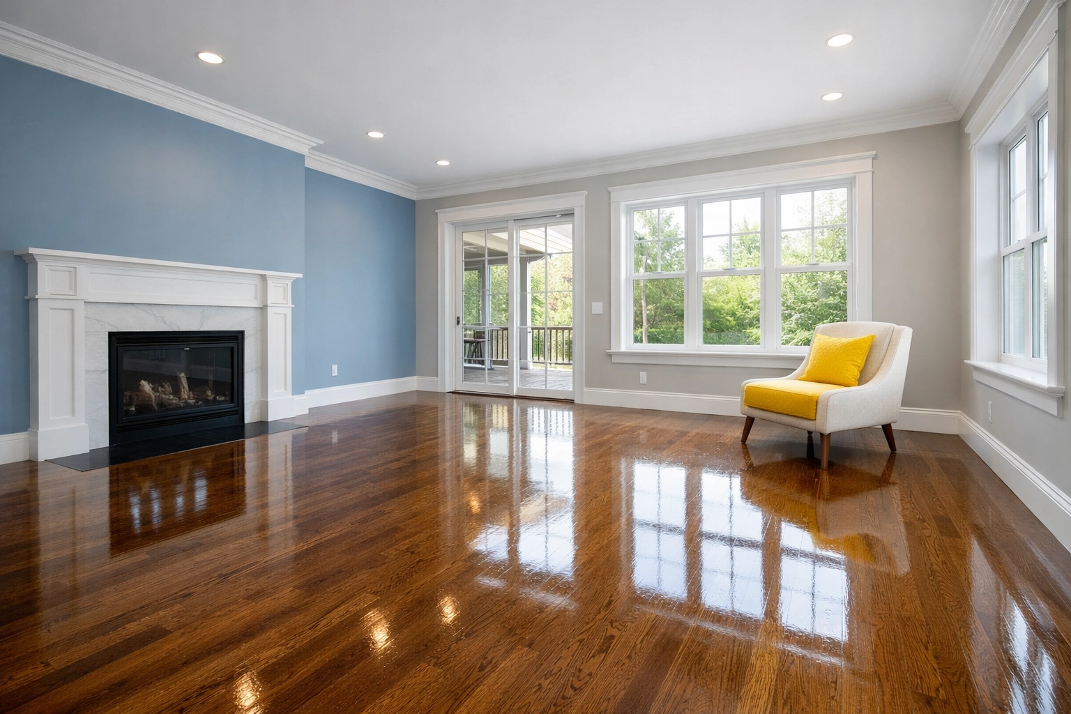 A pristine modern Massachusetts living room with polished floors after a move-in deep clean.