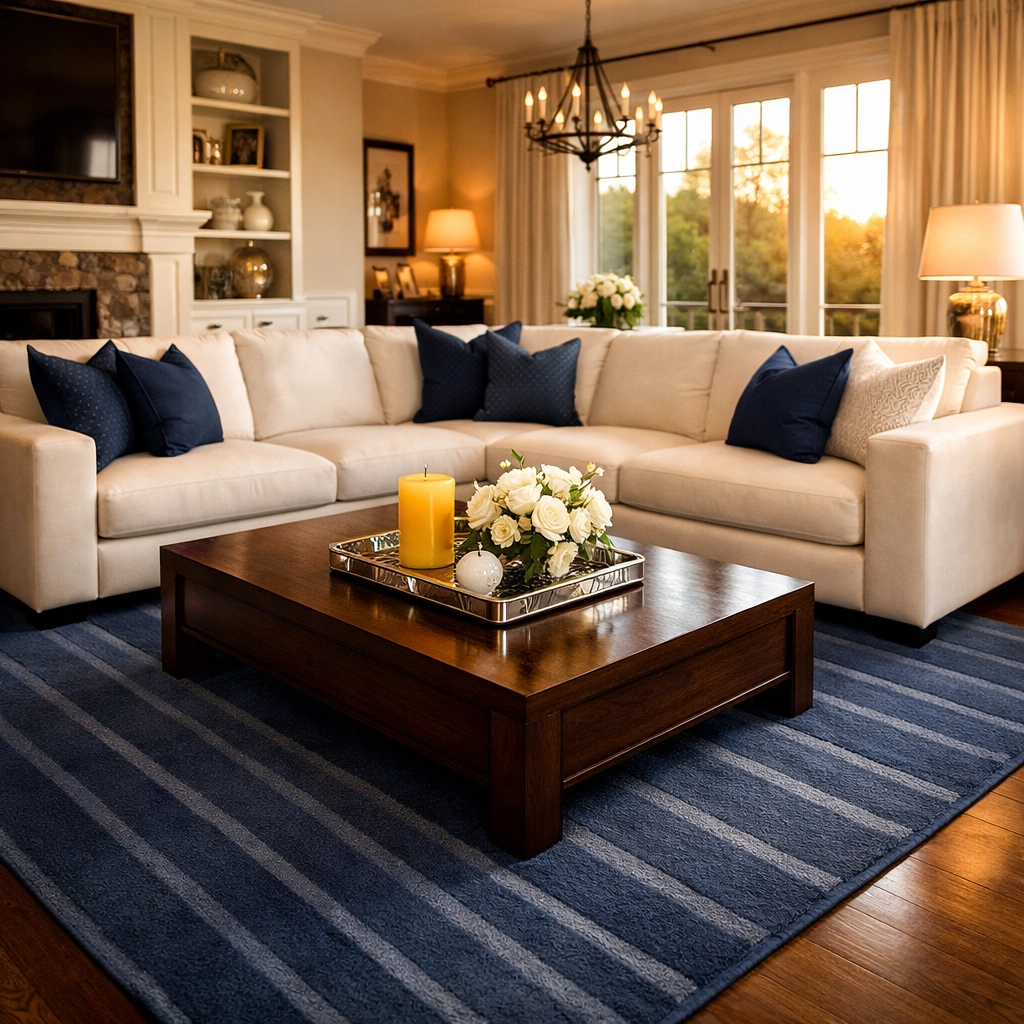 A spotless Westford living room with fresh vacuum lines after a professional weekly house cleaning.