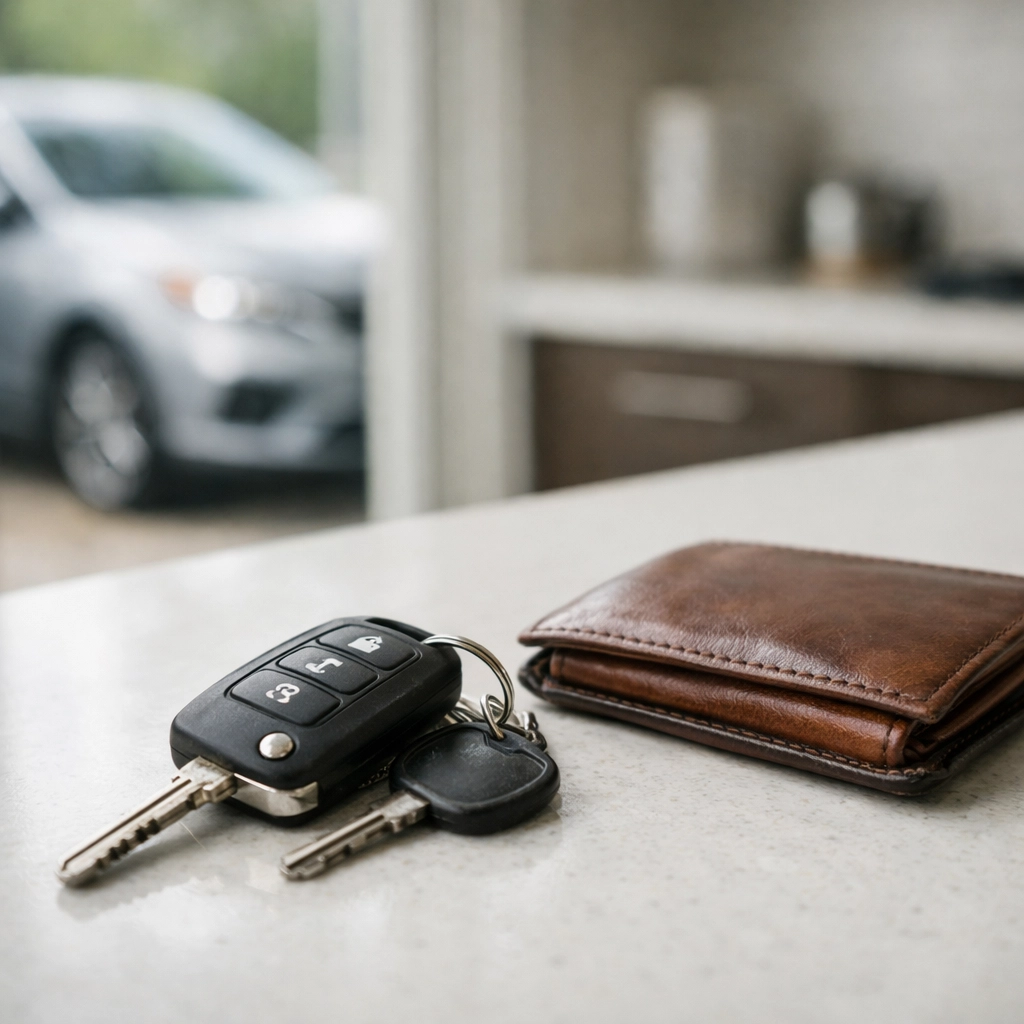 Car keys and wallet on a counter, showing a cash advance used for urgent vehicle repairs.