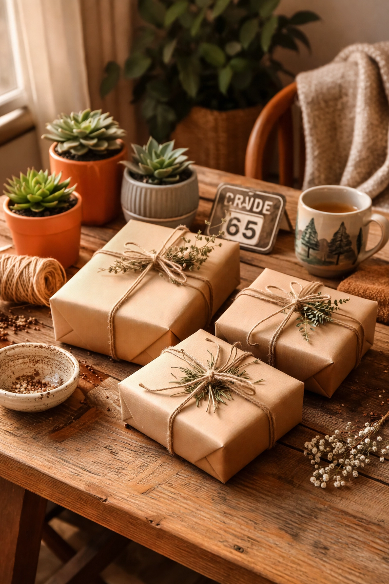 Beautifully wrapped unique home gift arrangement with tin signs, succulents, and ceramics on a farmhouse table.