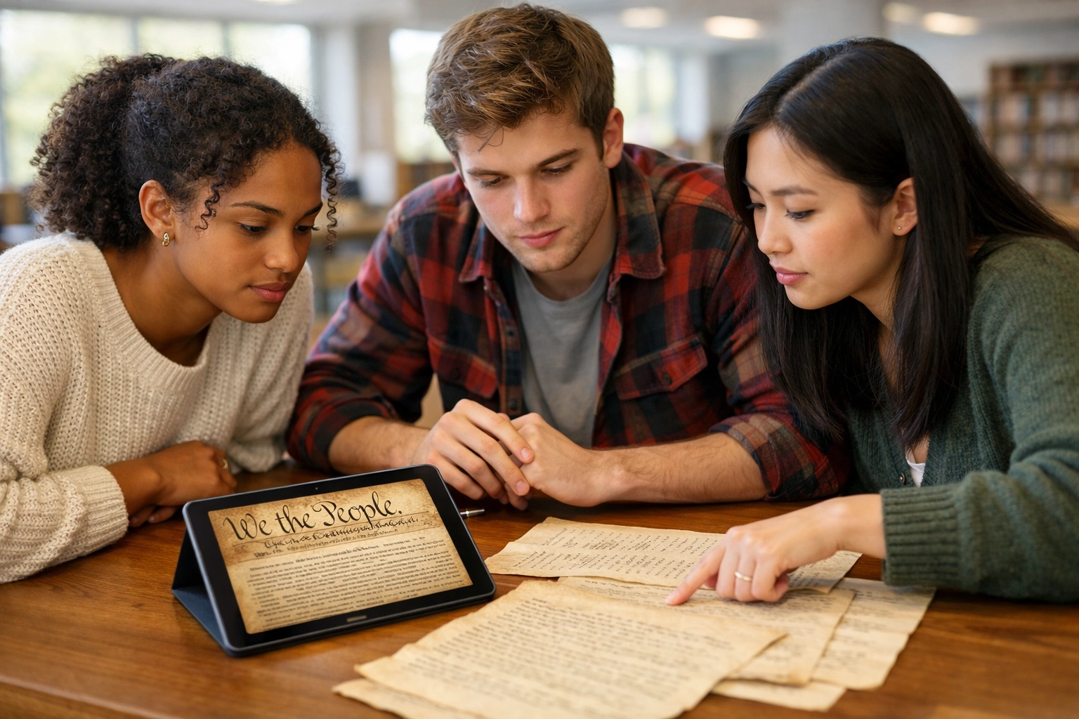 Diverse young adults discussing the U.S. Constitution and civic education in a modern community library.