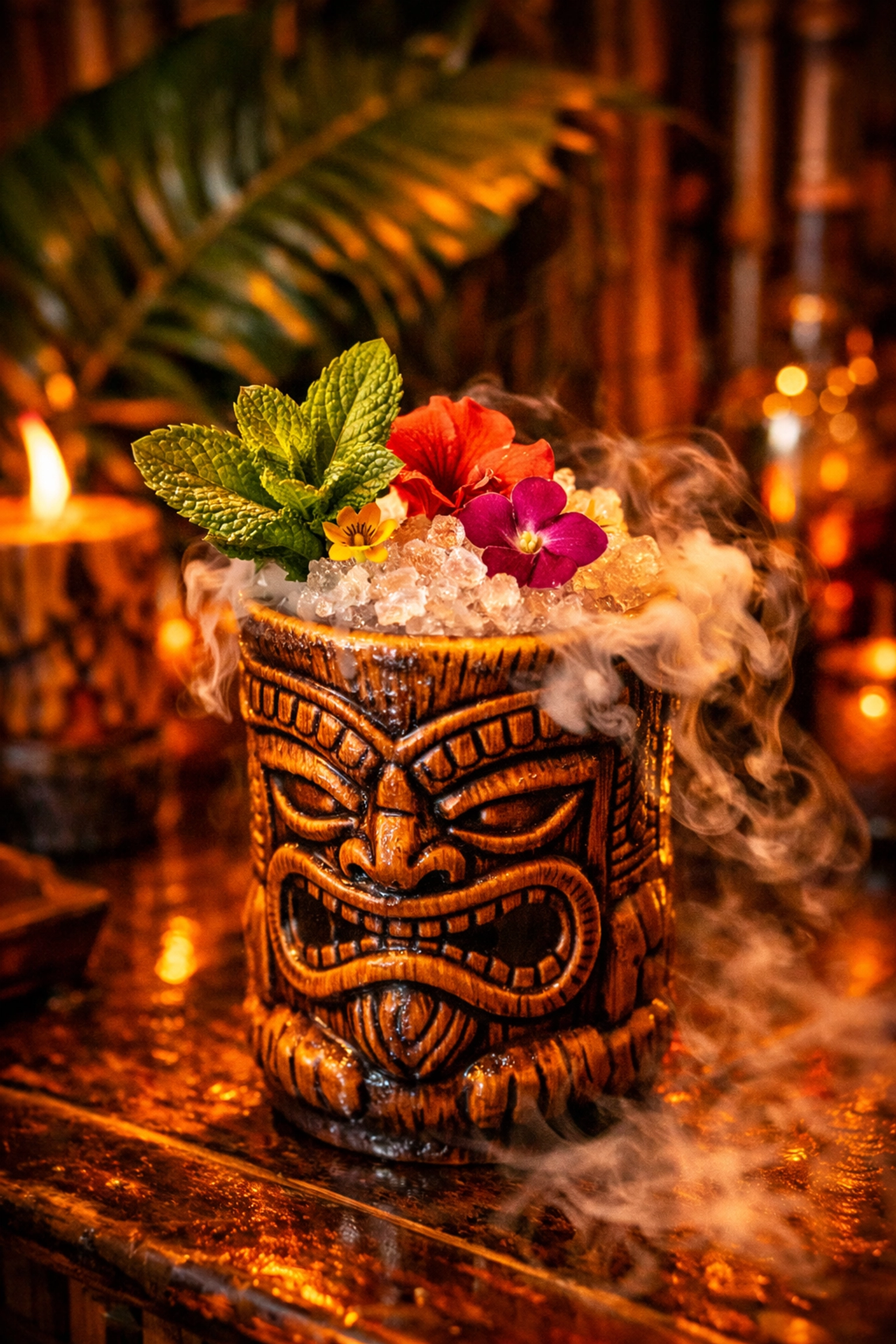 Tropical tiki drink in a ceramic mug at Mona Loa, a hidden bar in downtown Montreal.