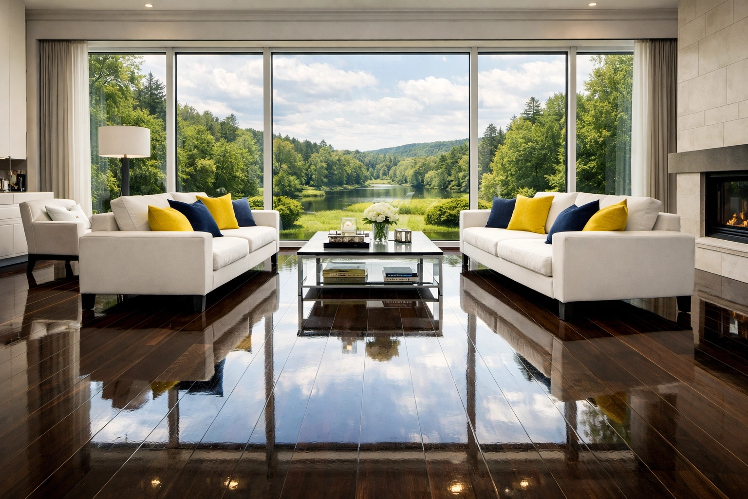 Immaculate Westborough living room with shiny hardwood floors from a professional weekly house cleaning service.