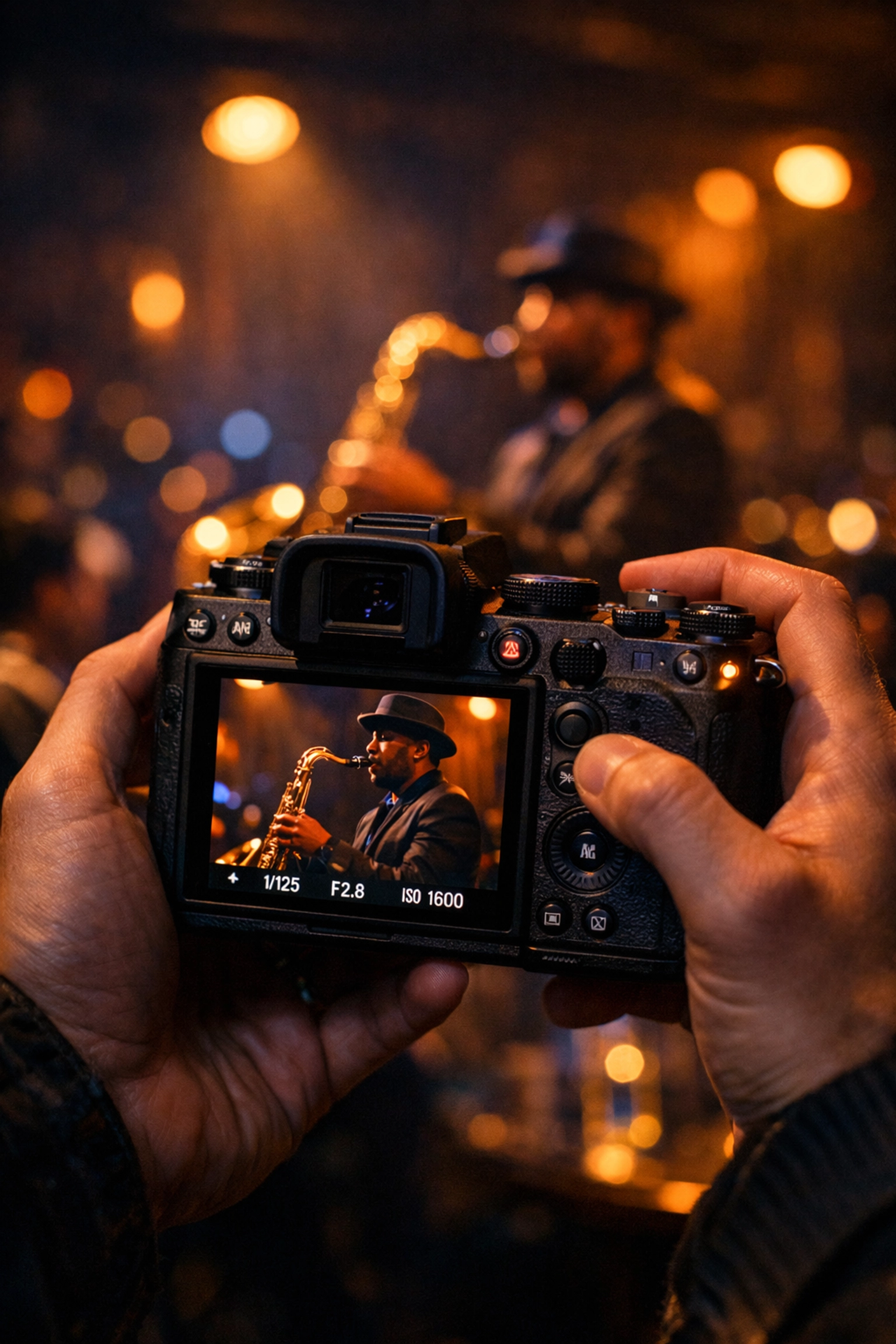 Mirrorless camera in low light showing a sharp photo with high-ISO manual mode settings.