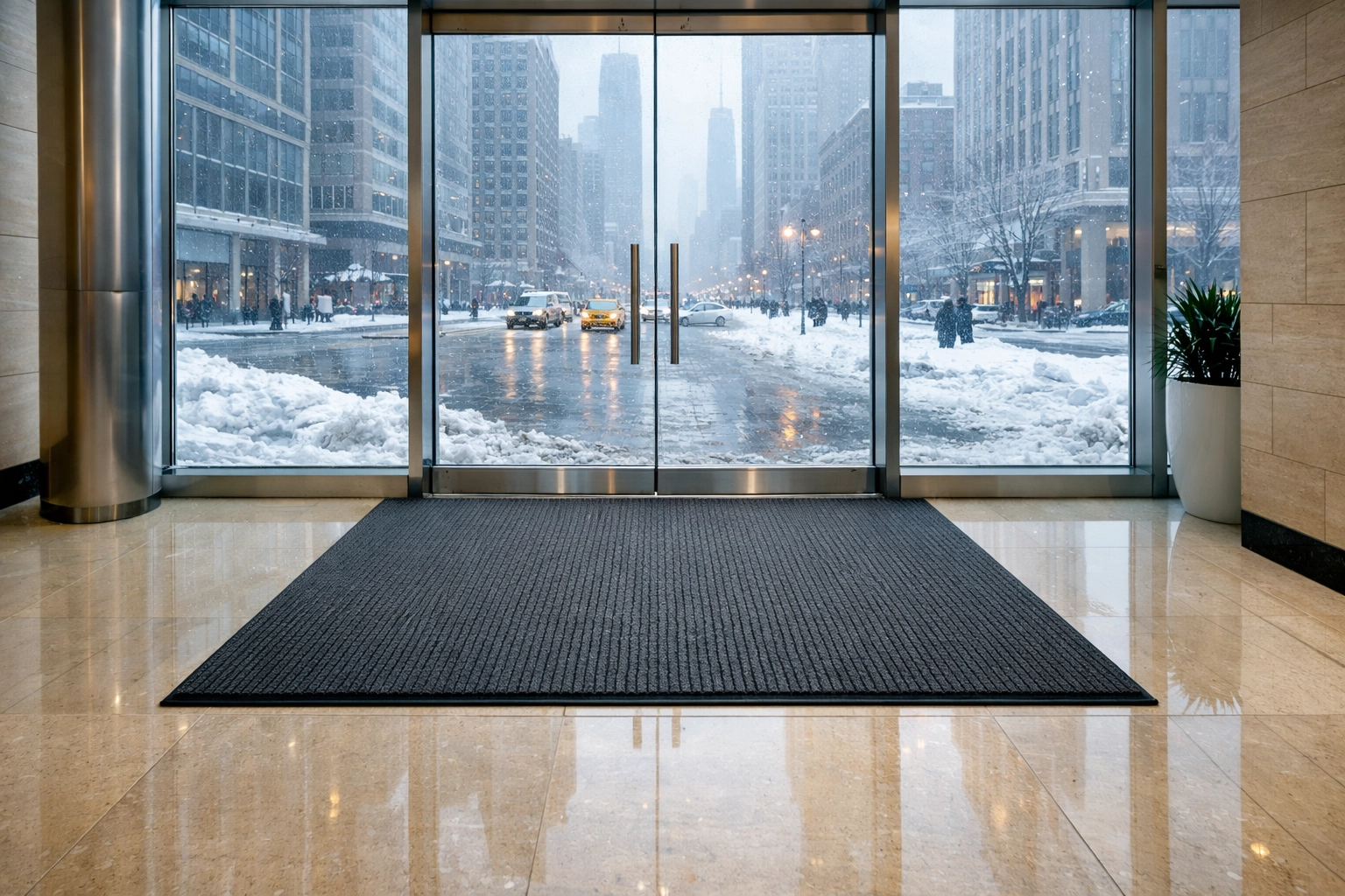 Clean luxury apartment lobby in Chicago with protective floor mats during a snowy Midwest winter.