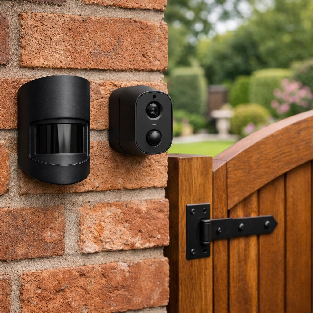Bespoke professional security camera and smart motion sensor installation for a garden.