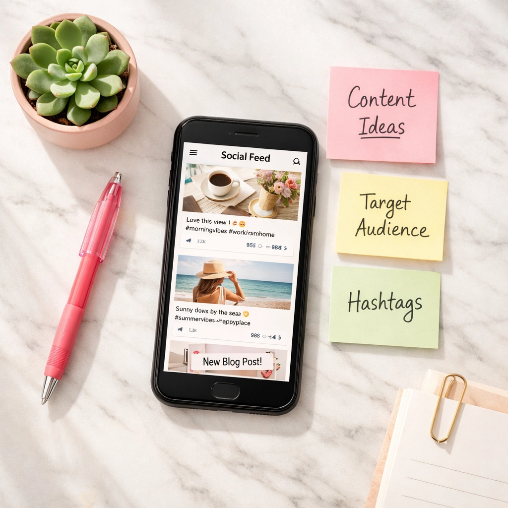 Workspace with phone showing social media feed and sticky notes for keyword planning