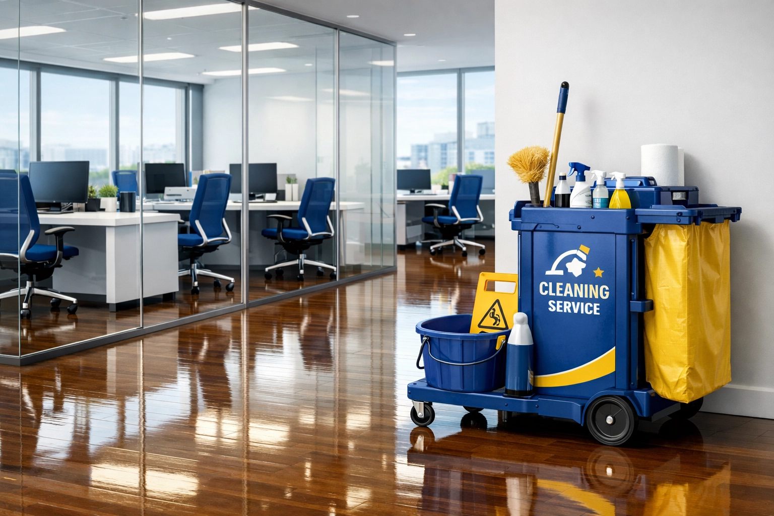 Spotless office interior with polished floors from a commercial and house cleaning Ashby MA provider.