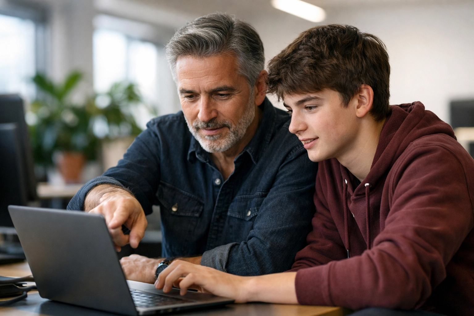 Senior software developer mentoring a high school intern on coding projects in a professional office.