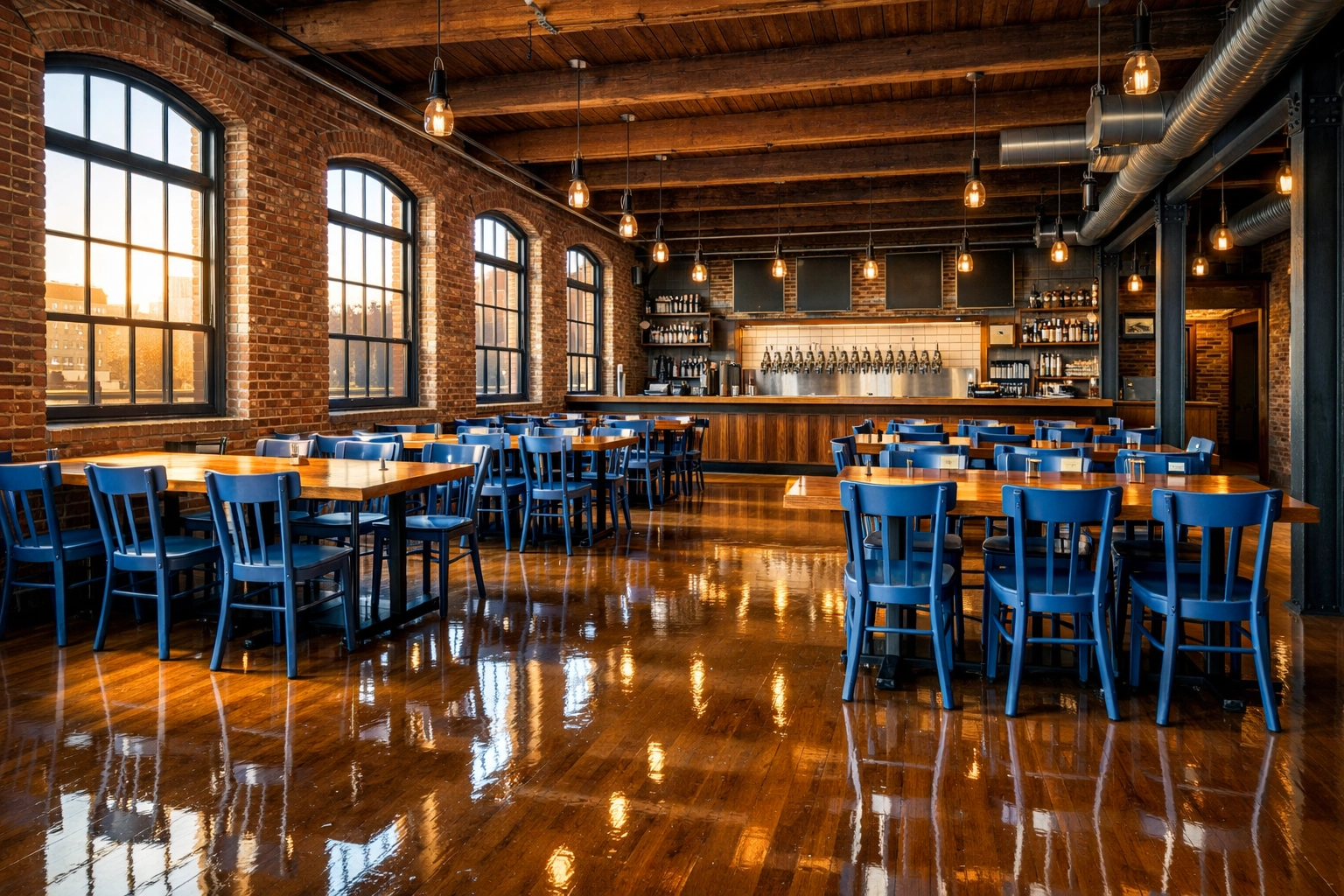 Spotless Worcester taproom in a brick mill building with sunlight reflecting off a professionally mopped floor.