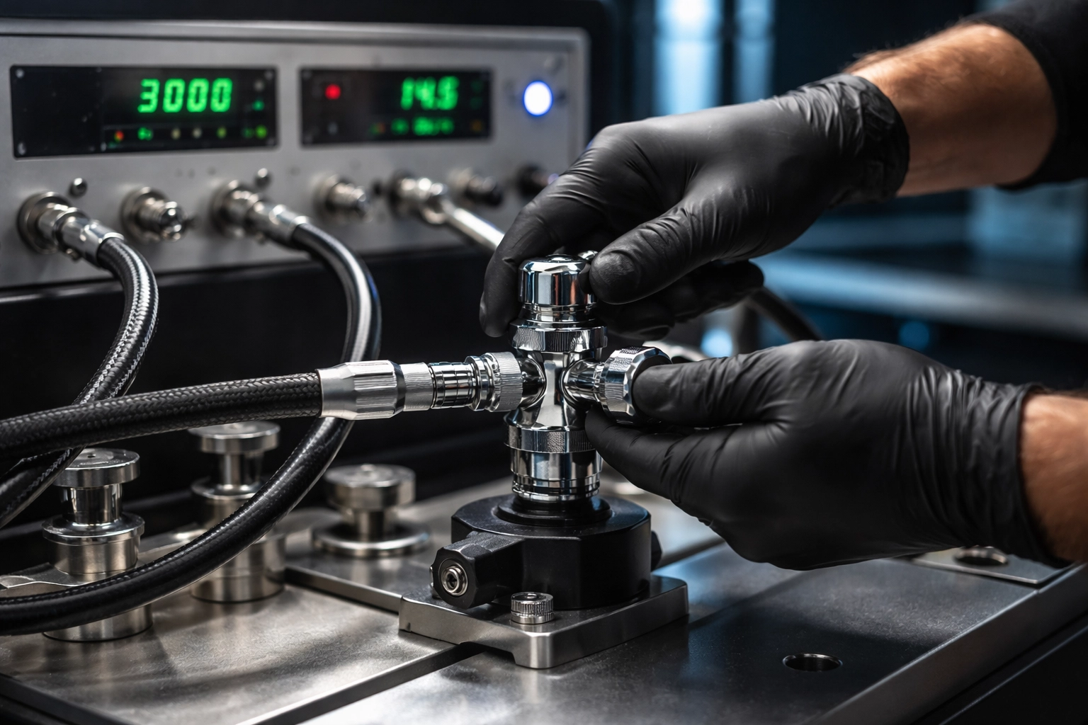 Techniker prüft Scubaforce Atemregler an Prüfstand, professionelle Wartung bei Tauchwerkstatt