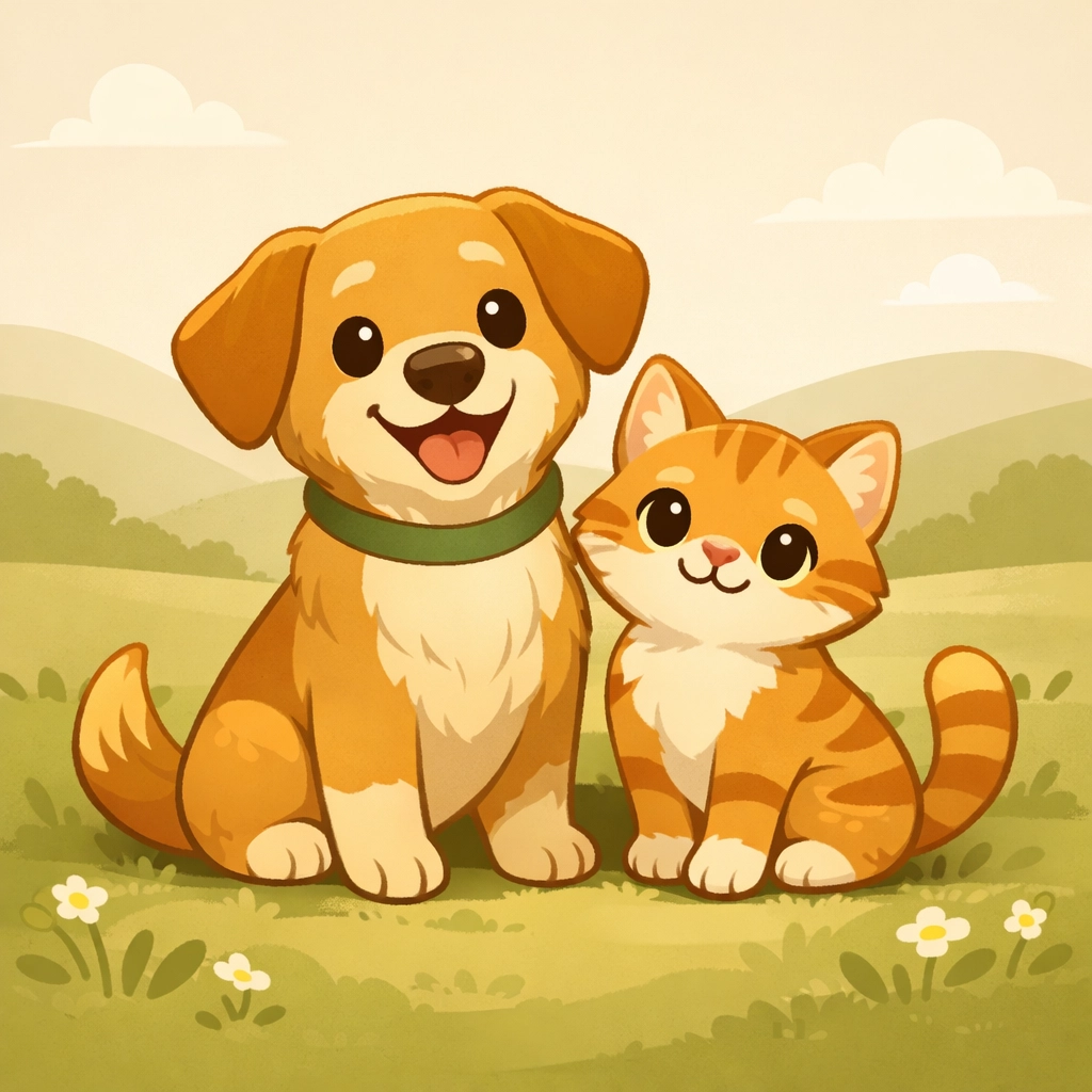 Happy dog and cat mascots in a green meadow illustrating free-range raw dog food