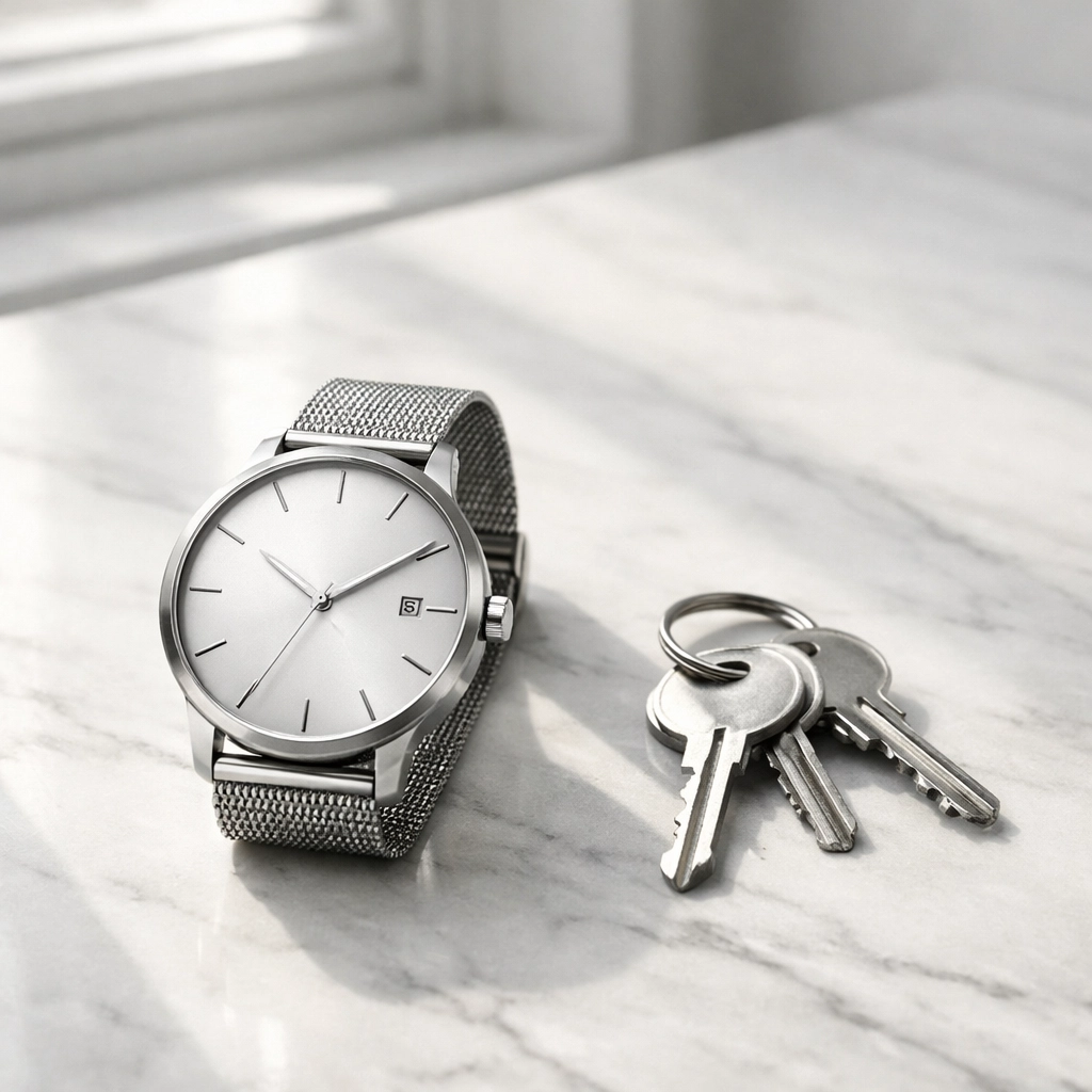 House keys and a watch on a counter, representing days on market and seller motivation in the Triangle.