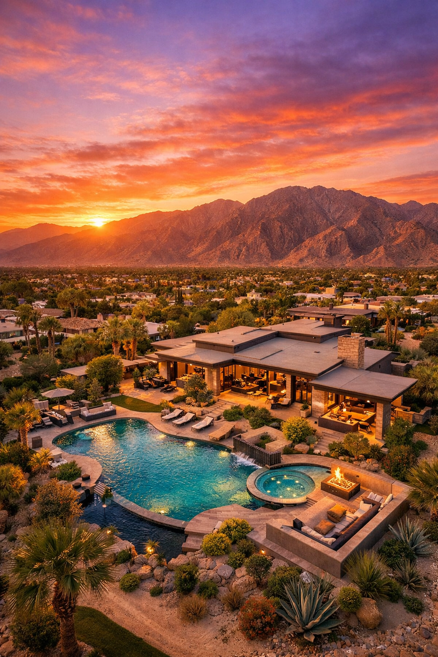Aerial drone view of luxury desert home in Coachella Valley with pool and mountain backdrop