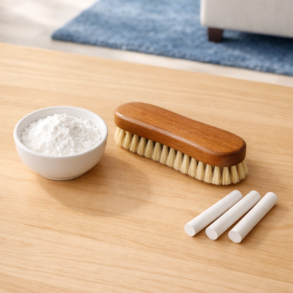 Natural cleaning supplies like white chalk and cornstarch for effective DIY stain removal at home.