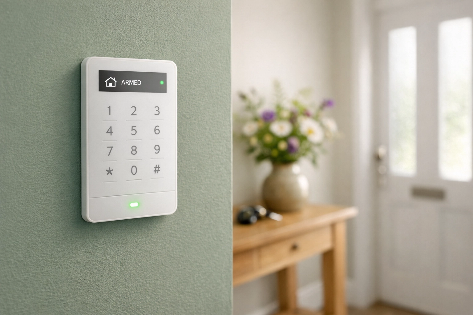A sleek smart intruder alarm keypad with status lights installed in a modern North Somerset home.
