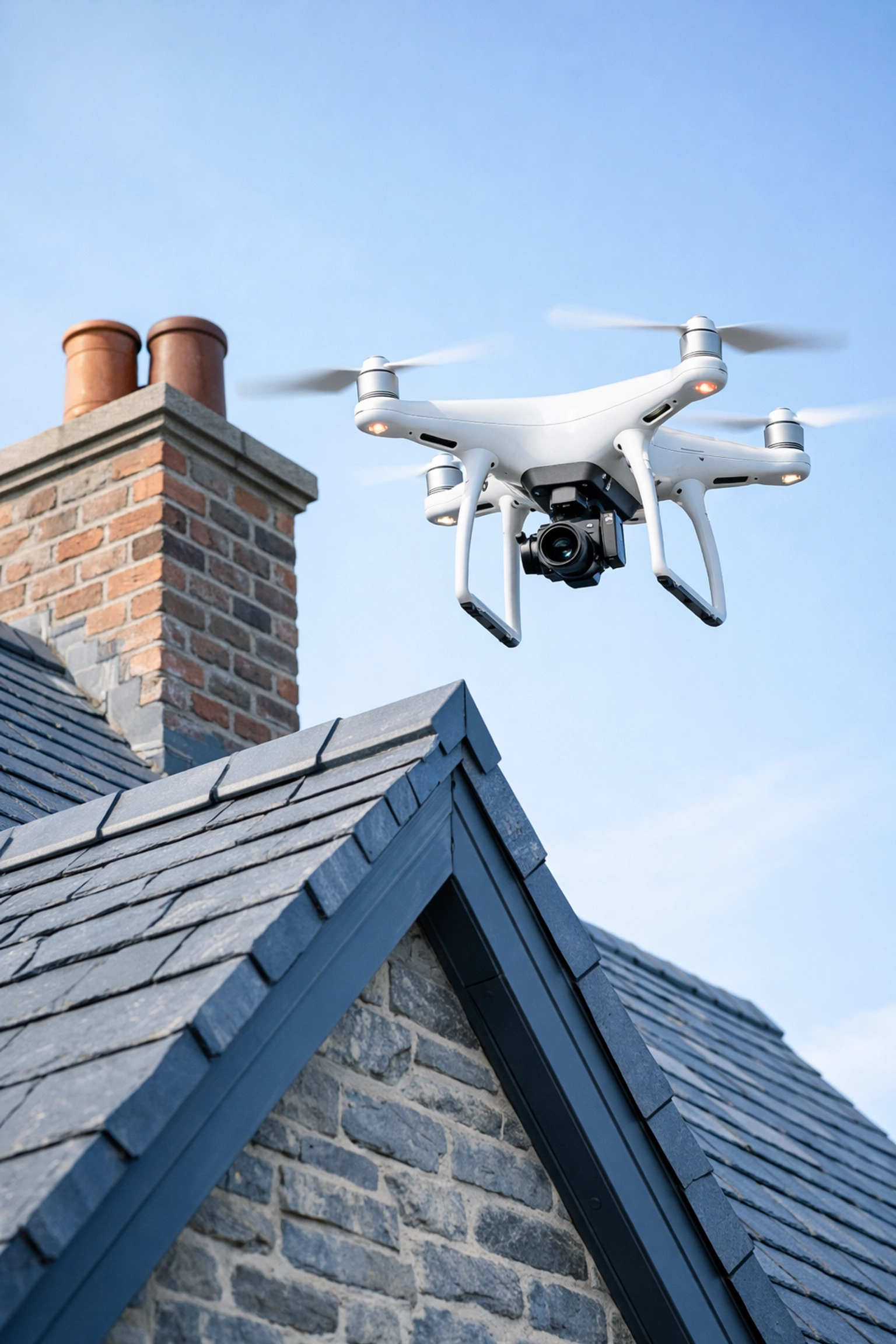 Professional drone roof survey in Omagh showing a drone inspecting a traditional slate roof chimney.
