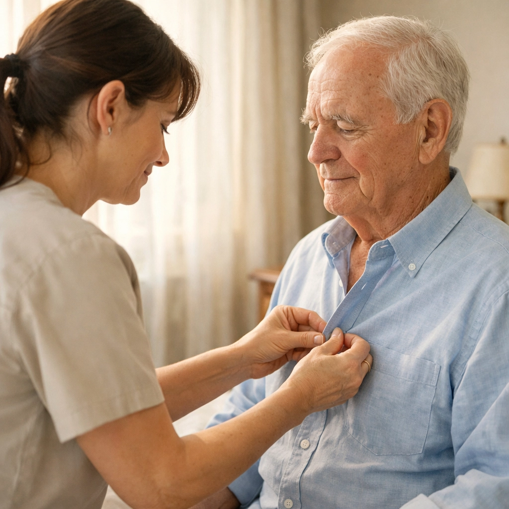 Personal care services: home health aide helping senior with dressing assistance