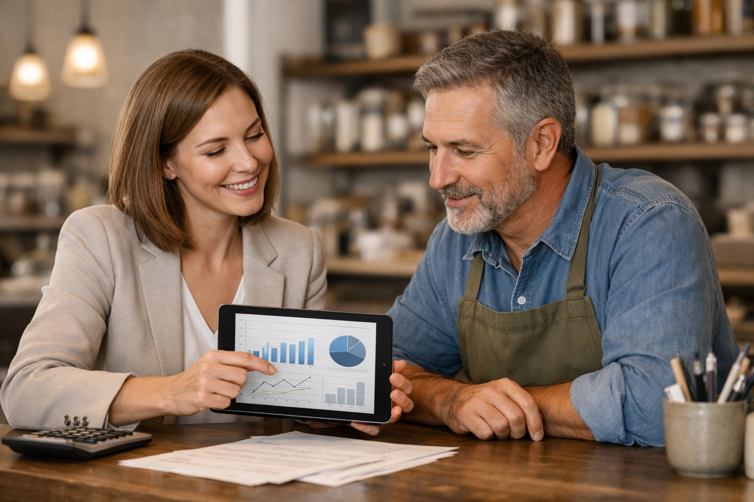 Bookkeeping expert collaborating with a local shop owner using a tablet to review financial reports together.