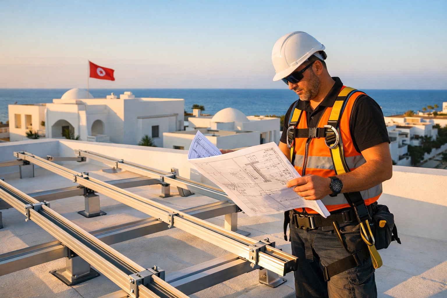 Technicien effectuant l'étude technique pour installation solaire résidentielle en Tunisie