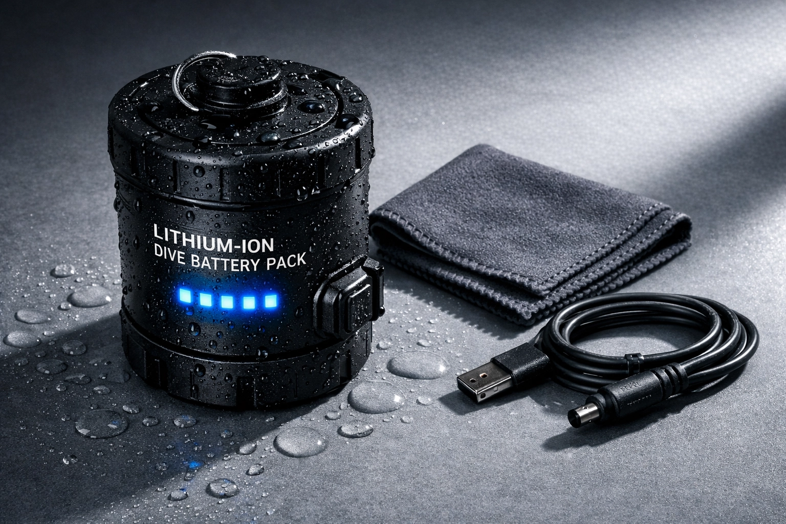 Tauch-Akku mit Wassertropfen und Ladekabel - Pflege von Lithium-Ionen-Batterien