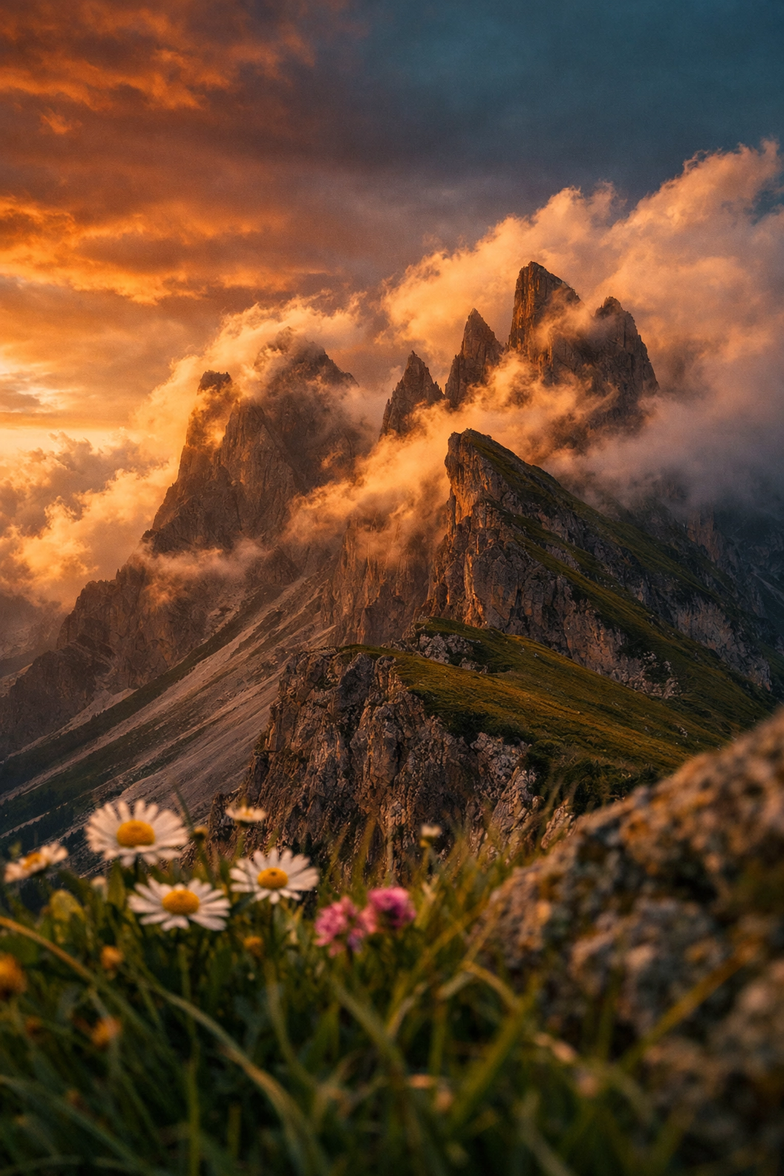 Sunset over Seceda ridgeline in the Dolomites using a unique angle to avoid common photography mistakes.
