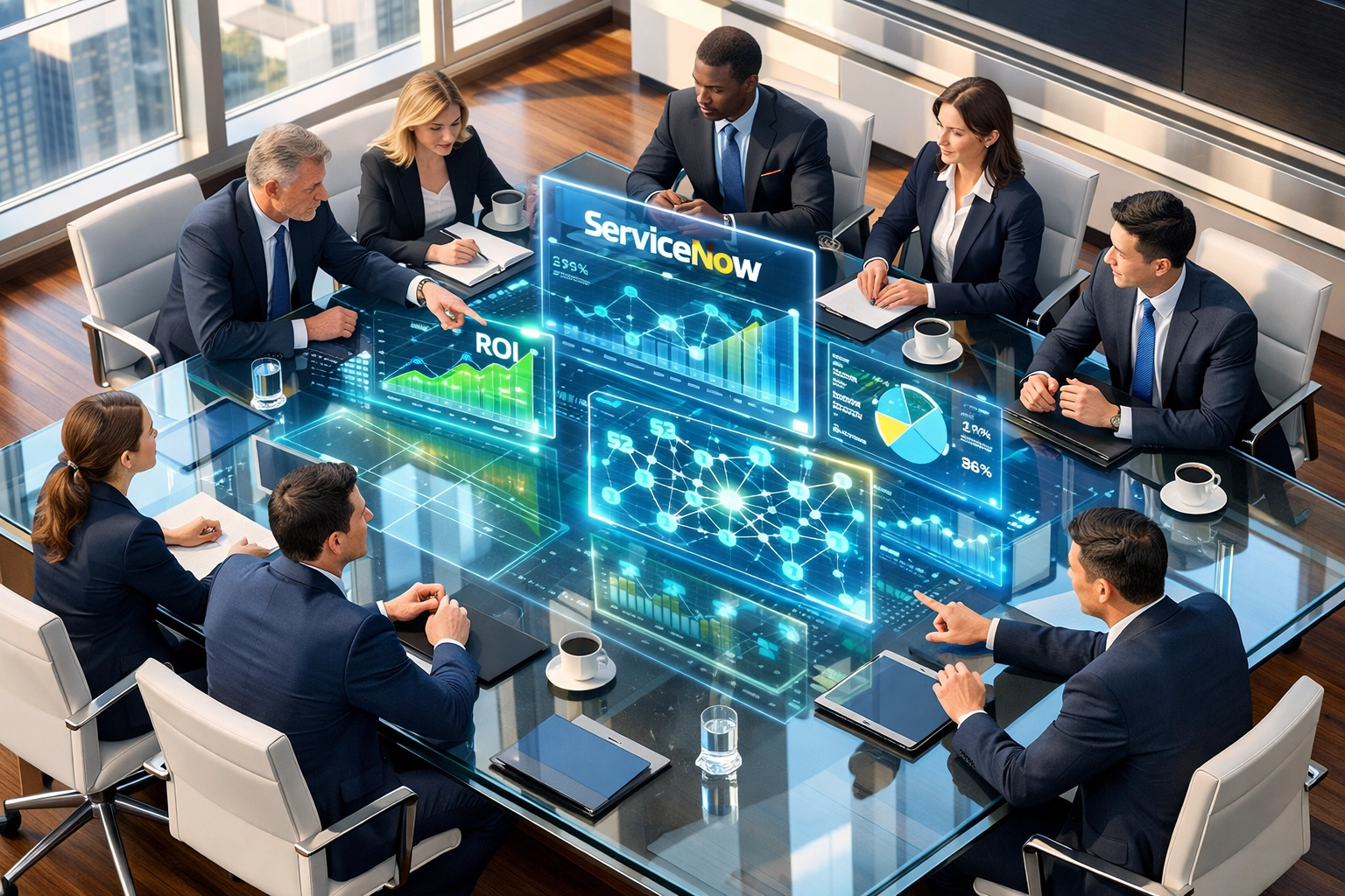 Business executives reviewing ServiceNow ROI dashboards during implementation partner selection meeting