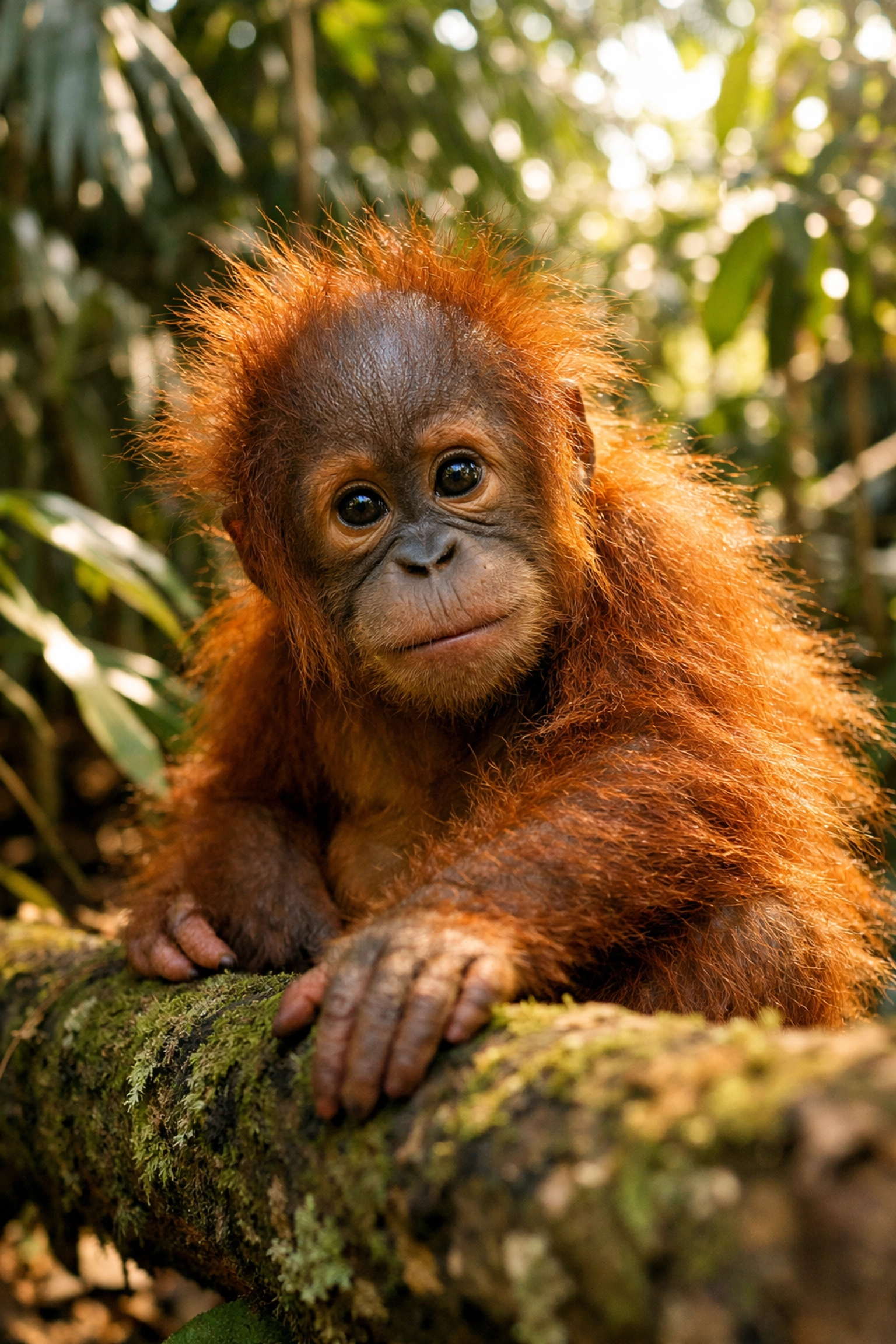 Eye-level photograph of a young orangutan on a branch, capturing intimate animal behavior and perspective.