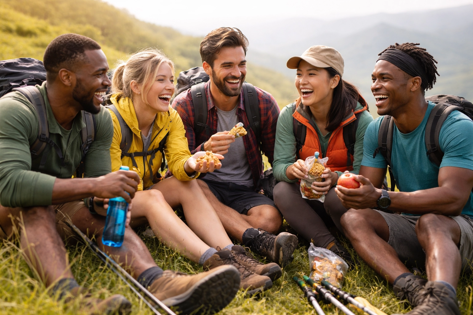 Group of hikers relaxing together on a UK trail, highlighting the social camaraderie of guided walks.