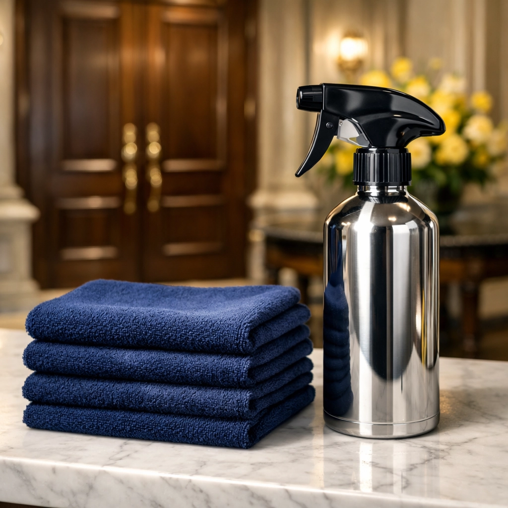 Professional cleaning supplies in a luxury foyer, highlighting reliable House Cleaning Belmont MA.