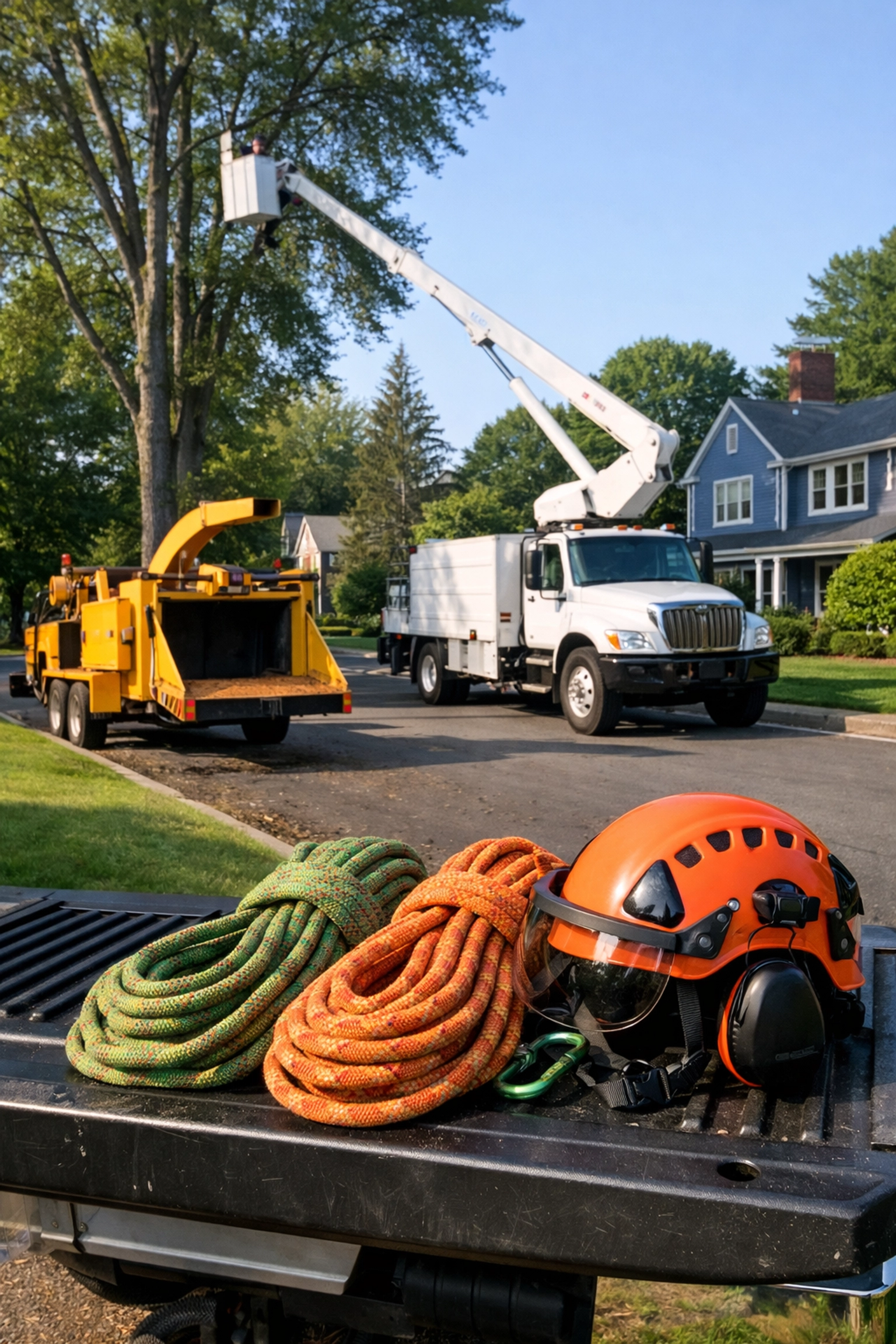 Tree service bucket truck and wood chipper equipment staged for a commercial job in West Hartford, CT.