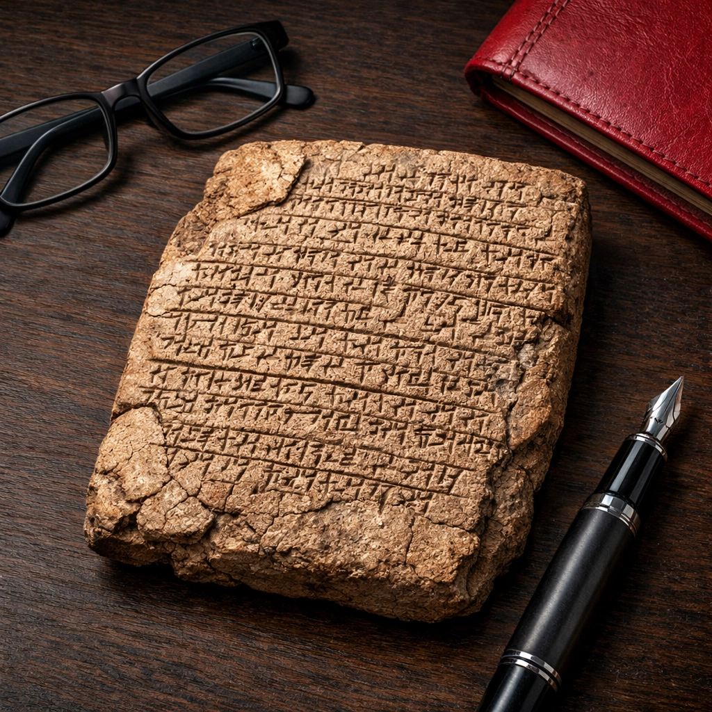 Ancient clay cuneiform tablet on a modern desk, symbolizing the legal history and stewardship of money.