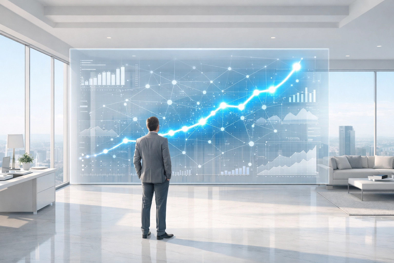 Business owner analyzing holographic data to optimize AI customer service strategy and ROI.