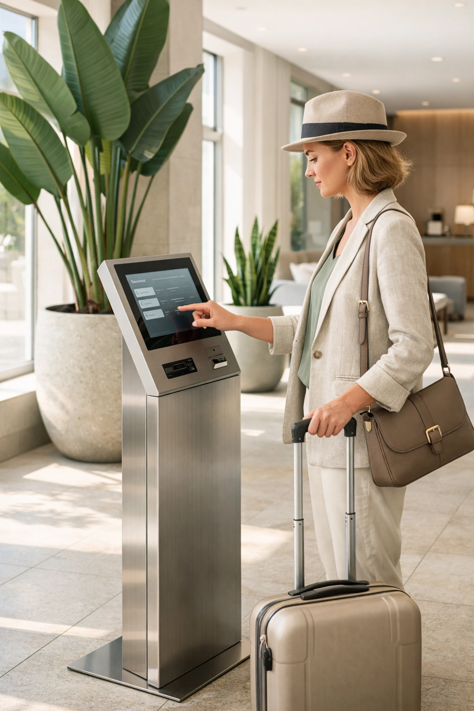 Guest using a modern self-check-in kiosk in a minimalist hotel lobby for a seamless arrival experience.