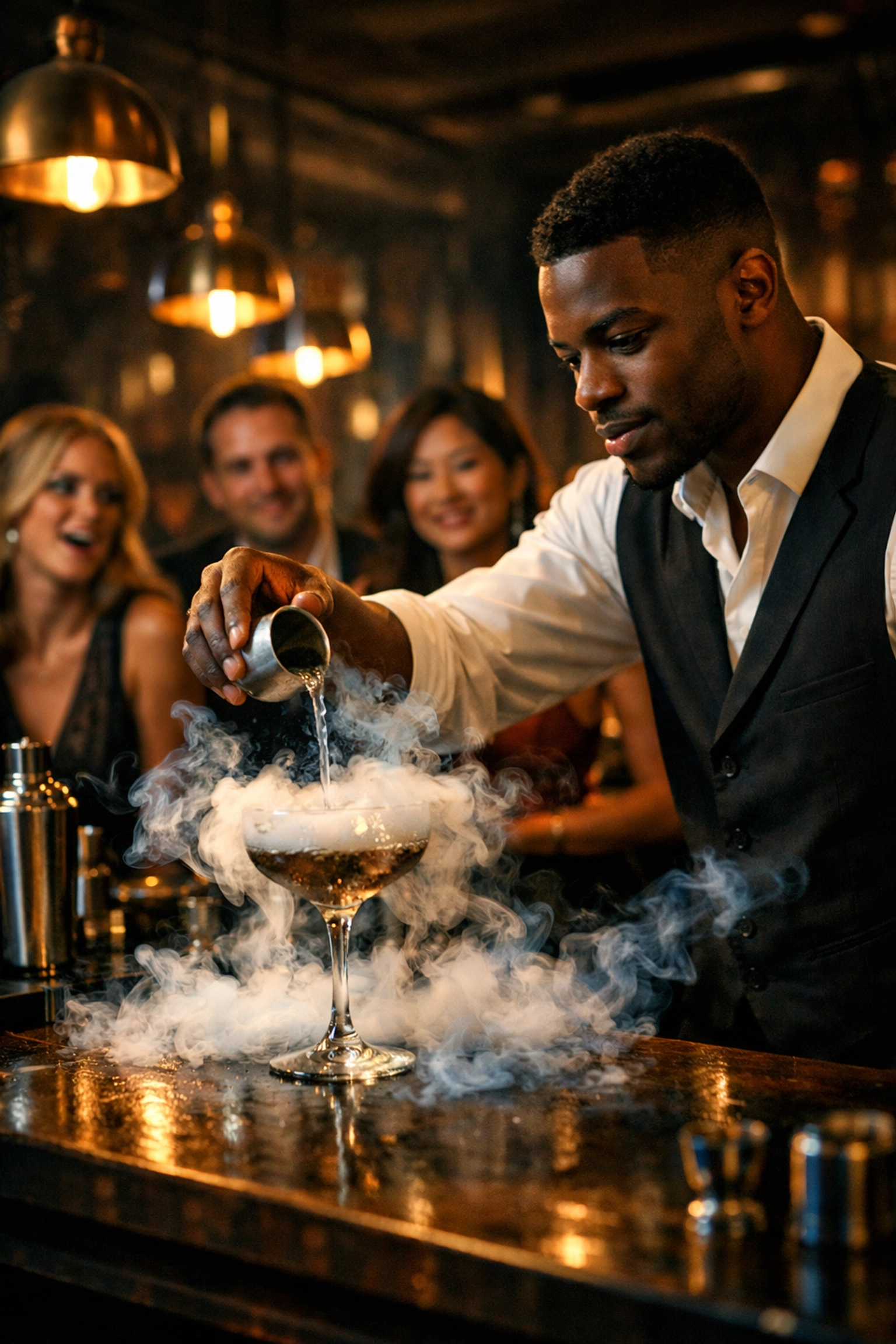 Professional mixologist creating a dramatic smoky cocktail at an upscale reception while guests watch