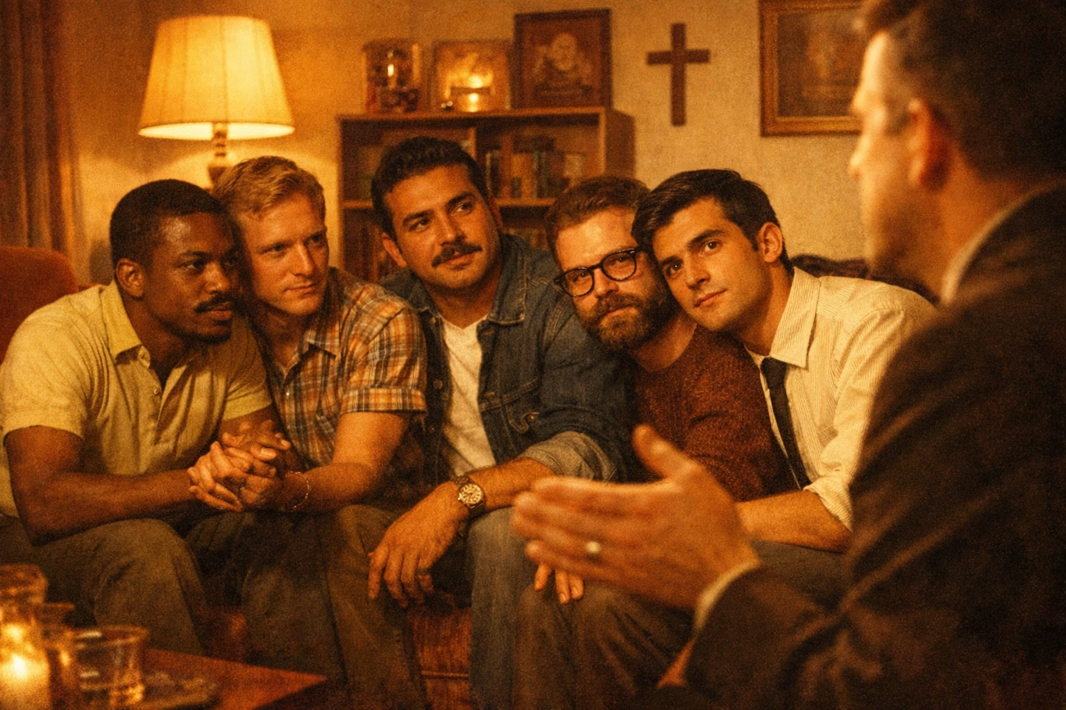 Gay men gather in a 1960s living room for an MCC service, symbolizing queer sanctuary.