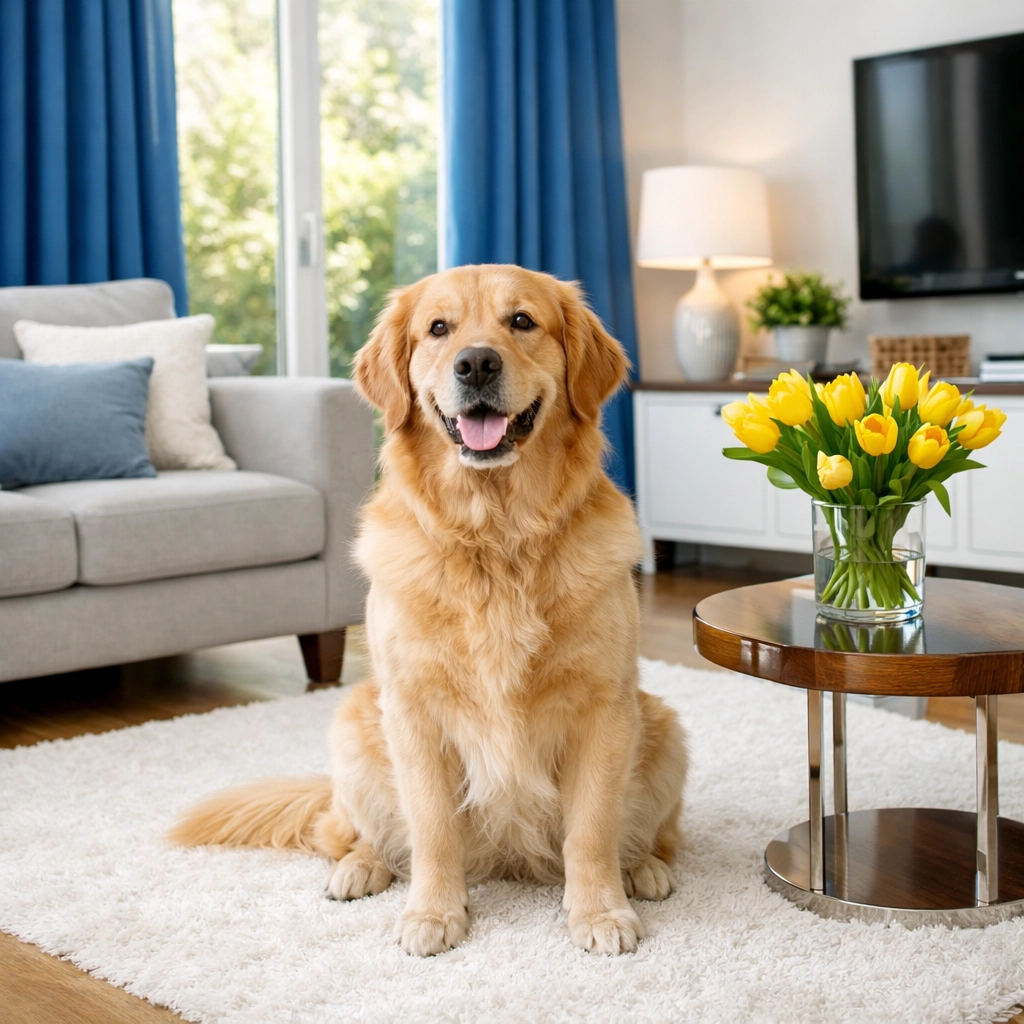 Pet-friendly house cleaning Marlborough results in a bright family room with a dog on a clean white rug.