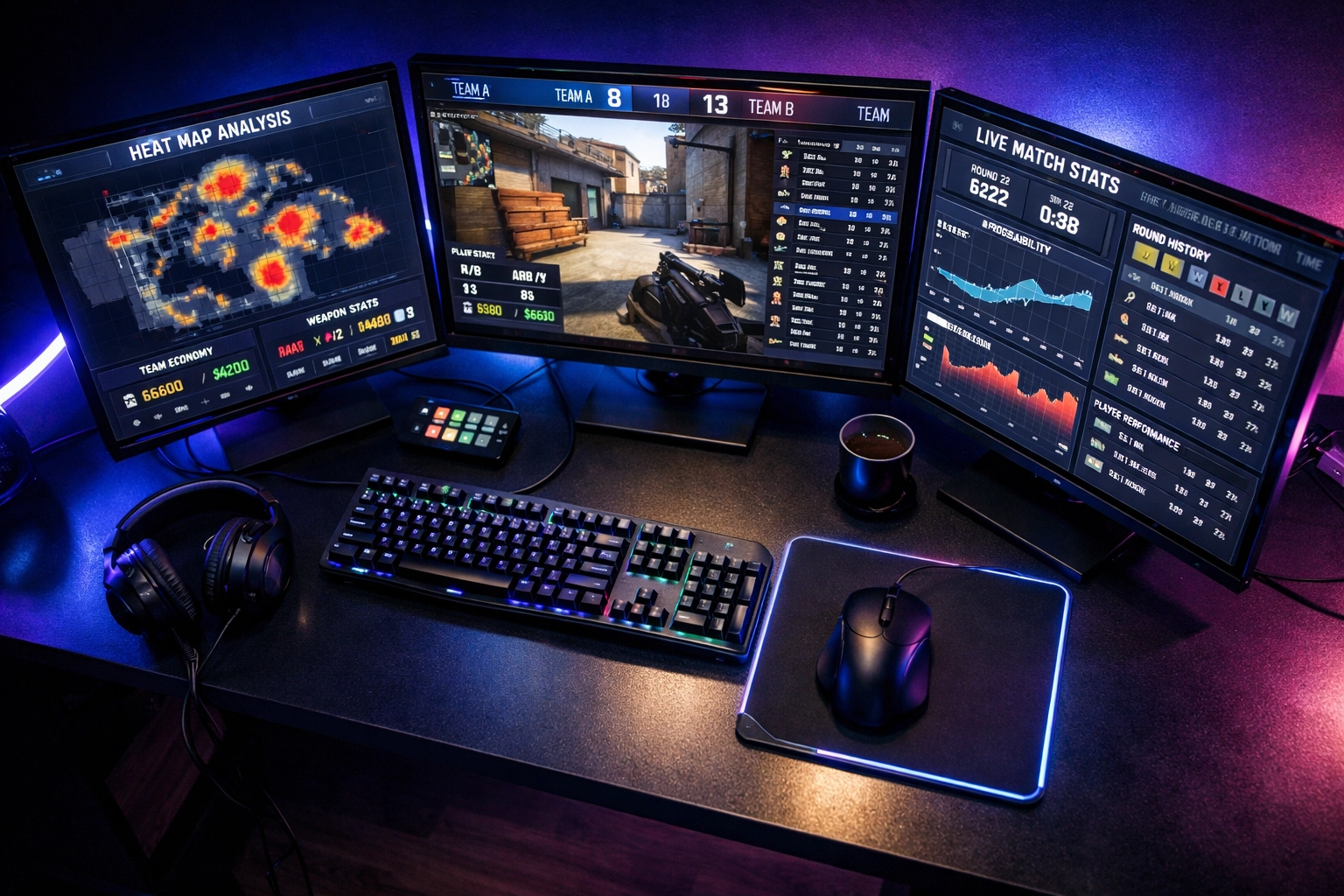 Gaming-Setup mit mehreren Monitoren zeigt eSports-Statistiken und Echtzeit-Daten für Wettanalysen