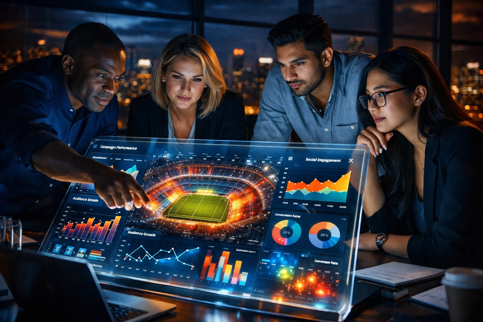 Marketing experts analyzing sports audience data for Super Bowl 2026 digital campaigns.