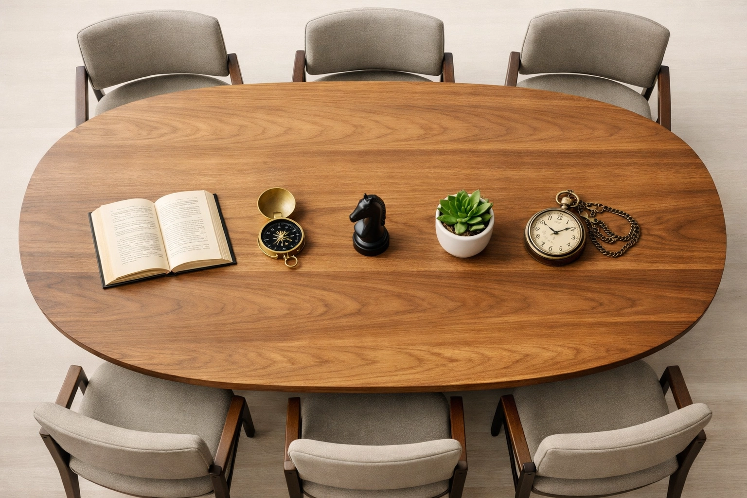 Conference table with empty chairs and symbolic objects representing mental board of advisors