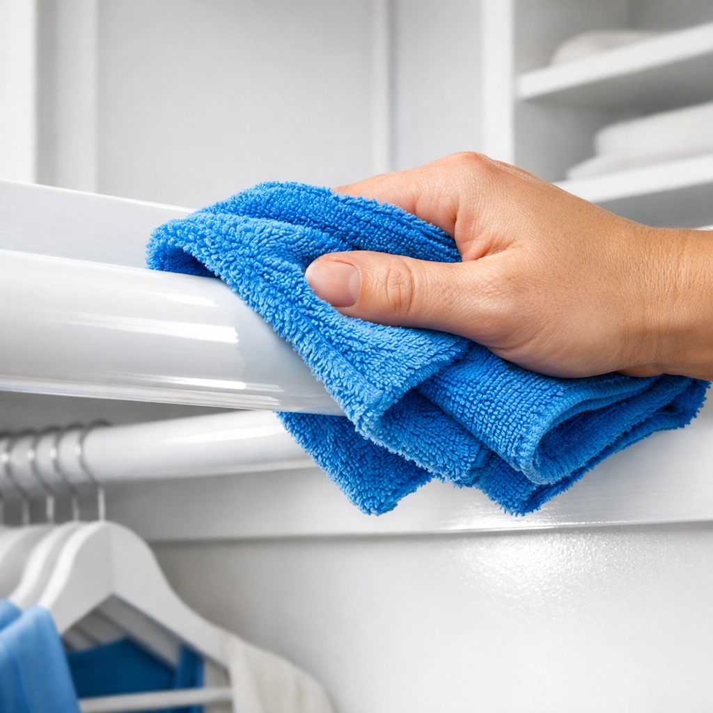 Cleaning a closet shelf with a blue microfiber cloth to remove dust and maintain a pristine storage space.