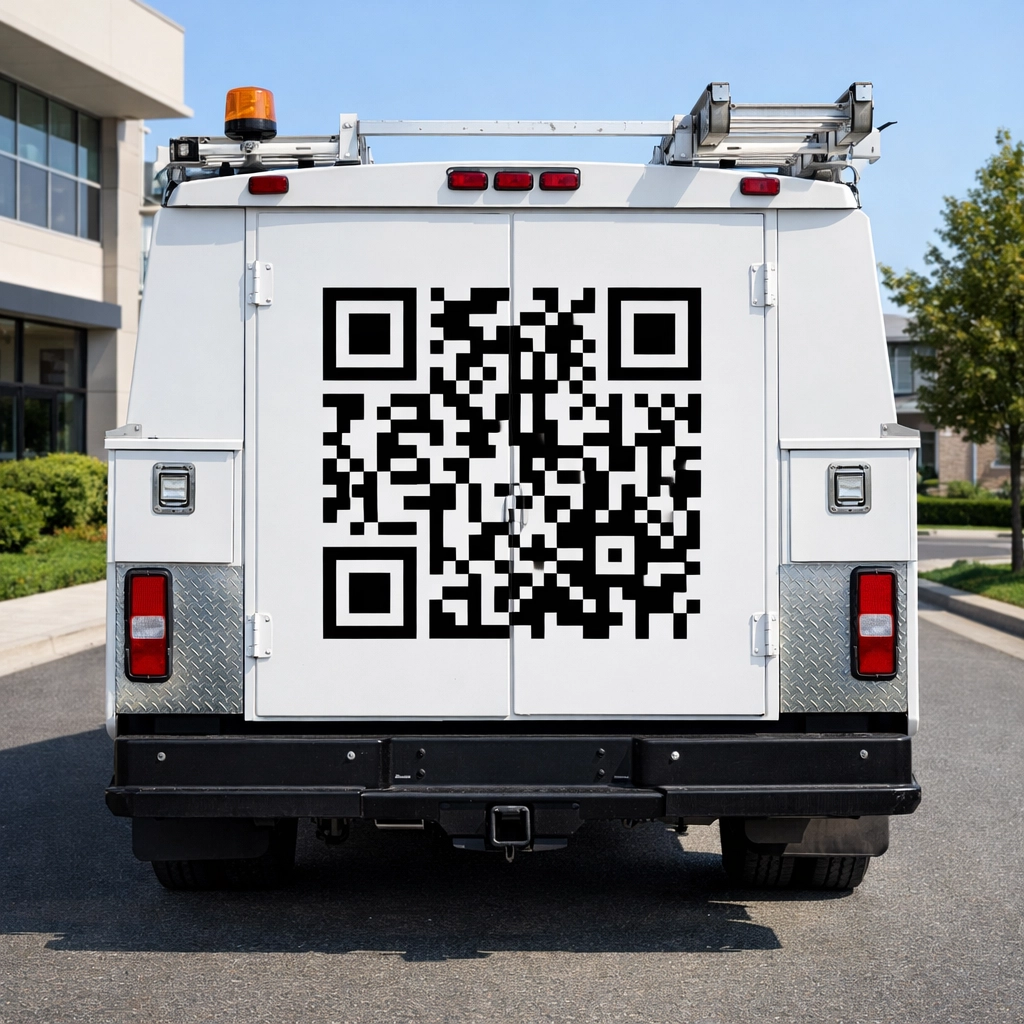 High-contrast QR code placed on the rear door of a service van for maximum visibility in traffic.