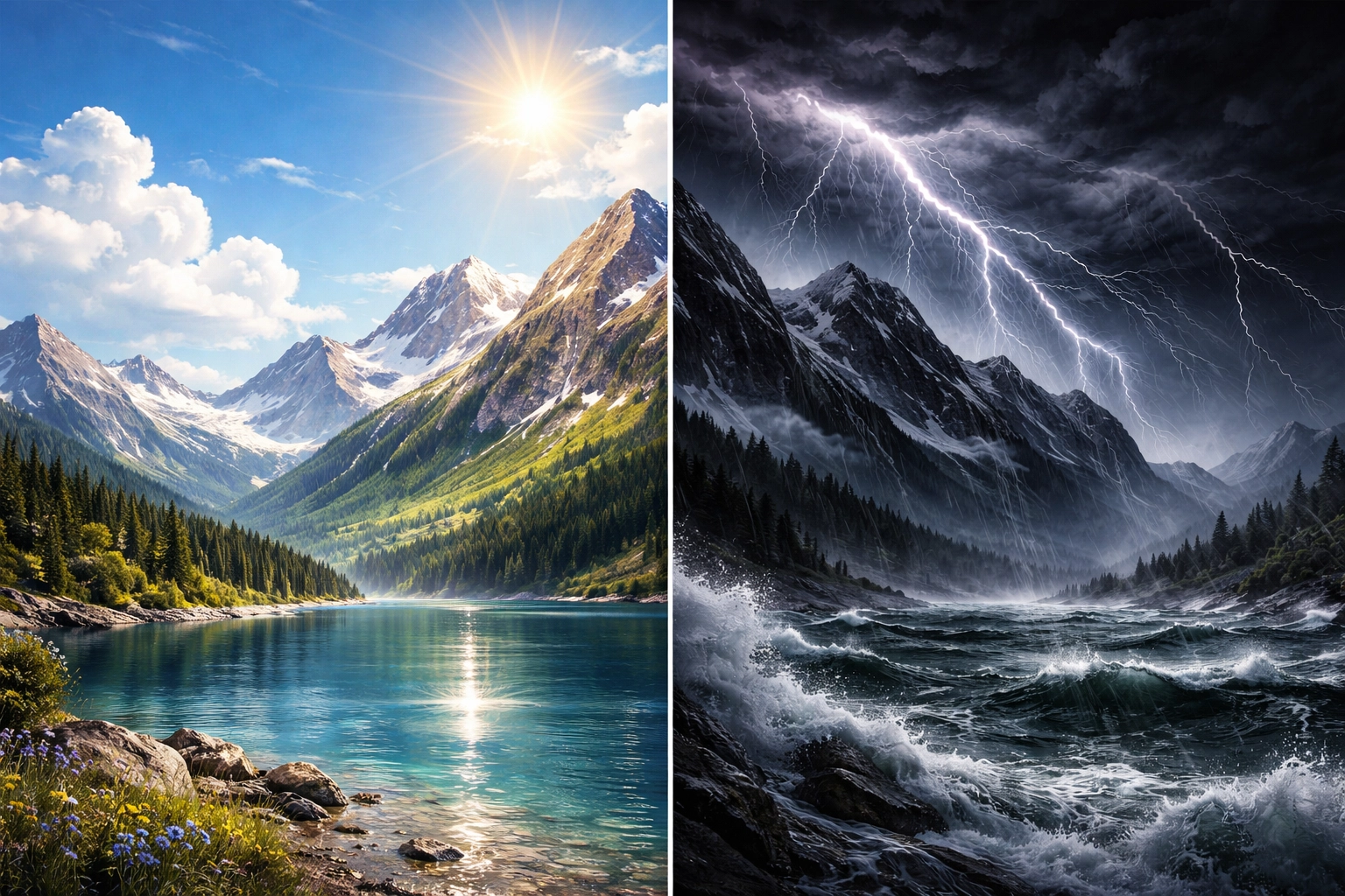 Contrasting calm and stormy weather over mountains, representing market volatility and the need for diversified portfolios.