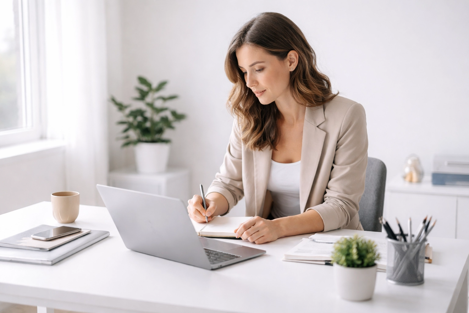 Small business owner evaluating IT needs at a modern desk, assessing business IT support services options.