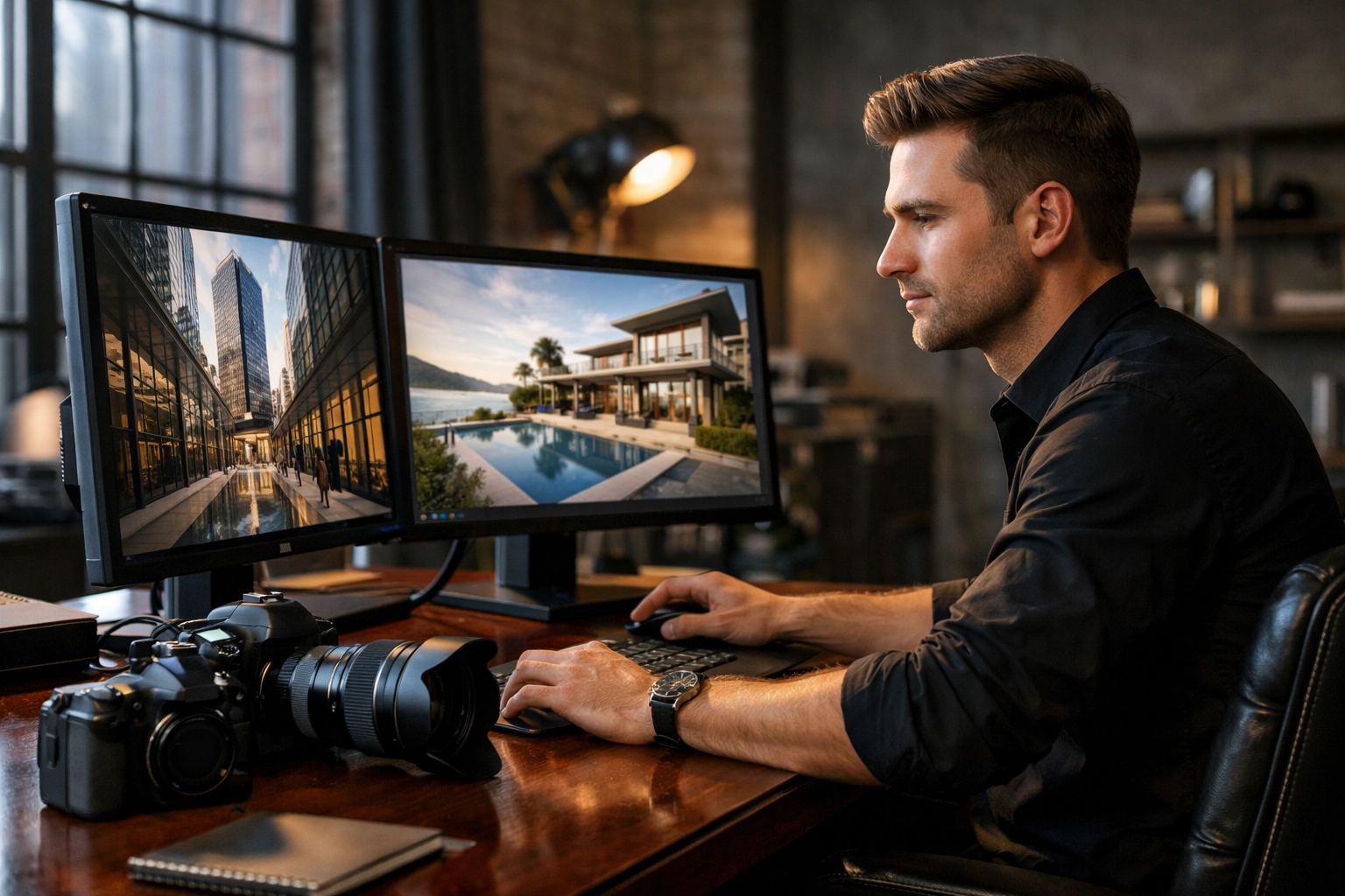 Verified professional photographer reviewing high-end client work in a modern studio setup.