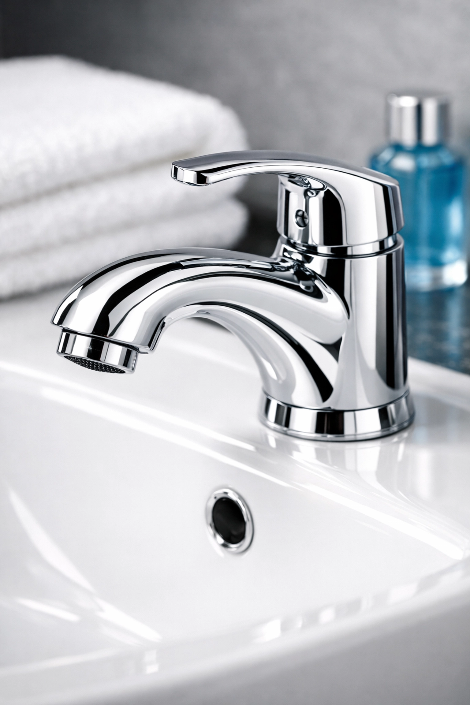 Detailed shot of a sparkling clean bathroom faucet and sink, highlighting bi-weekly house cleaning precision.