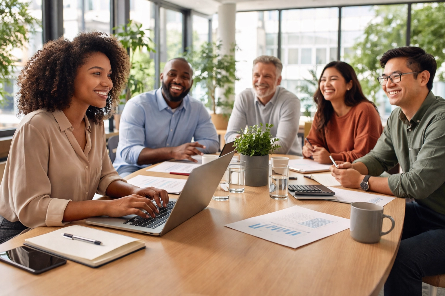 Diverse professionals and an admin collaborate in a bright office, highlighting teamwork and effective admin support