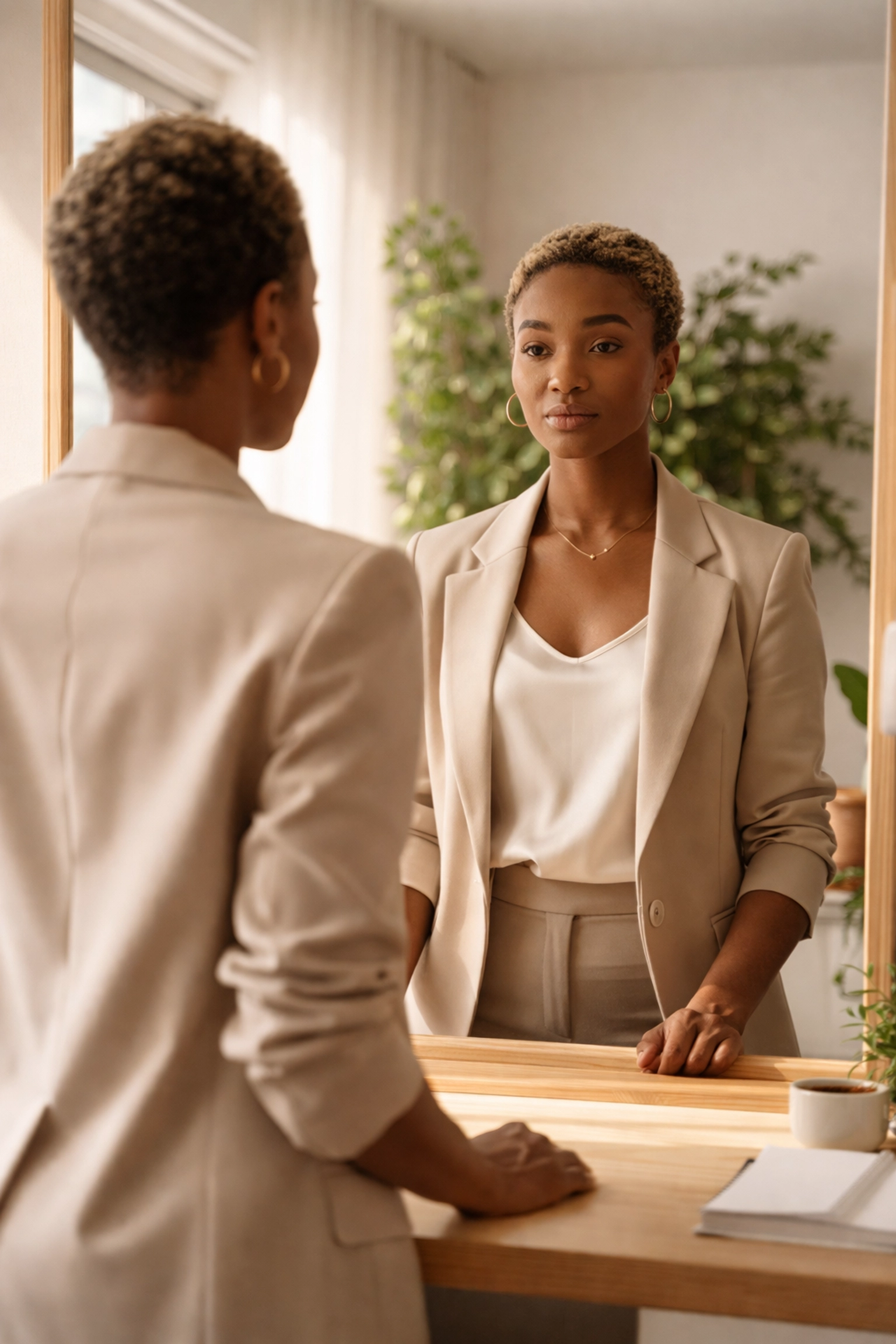 Person gazing at their own reflection in a mirror, representing leadership responsibility and self-awareness.
