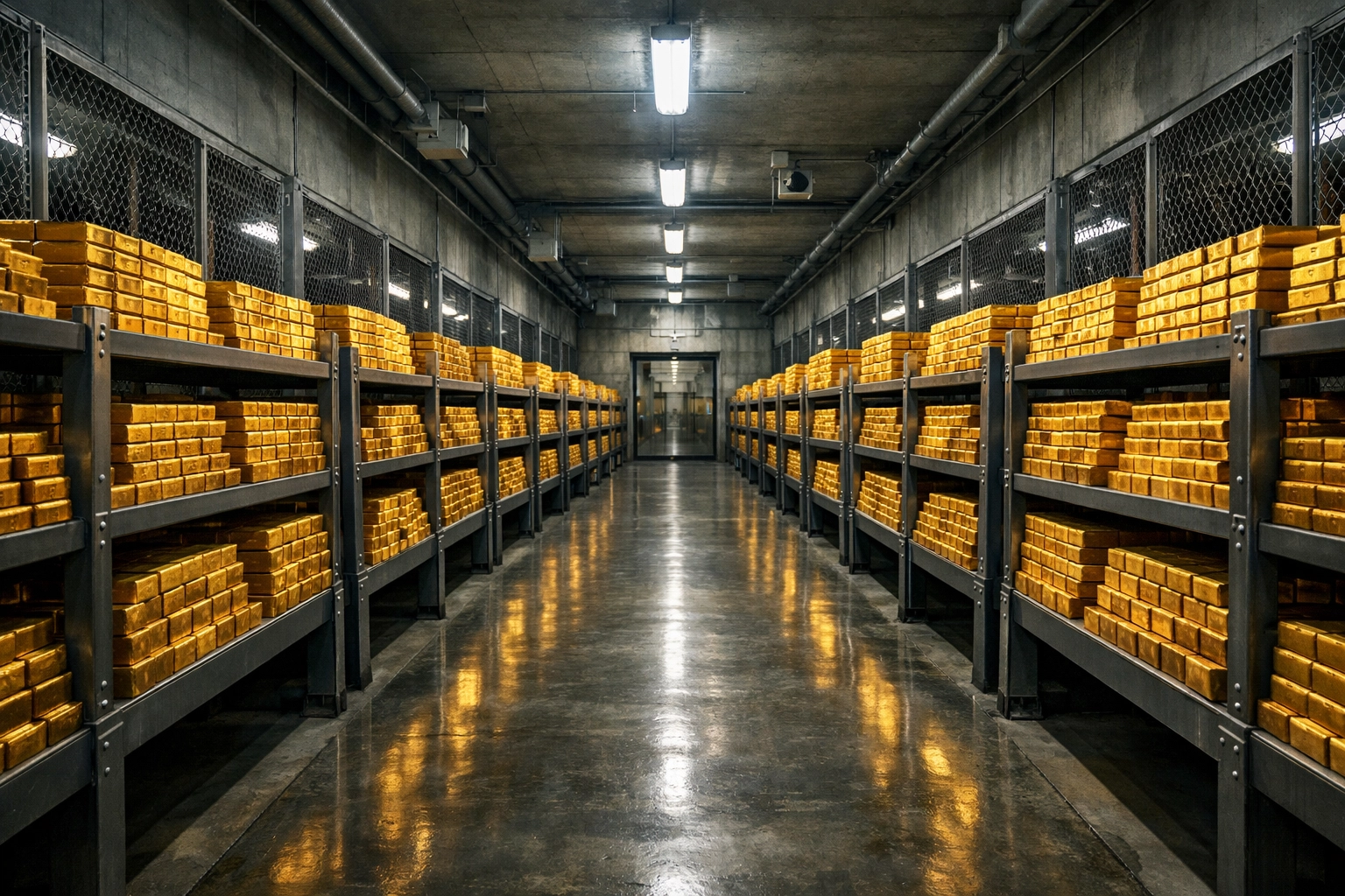 Interior of a high-security gold vault filled with rows of stacked bullion bars for long-term storage.